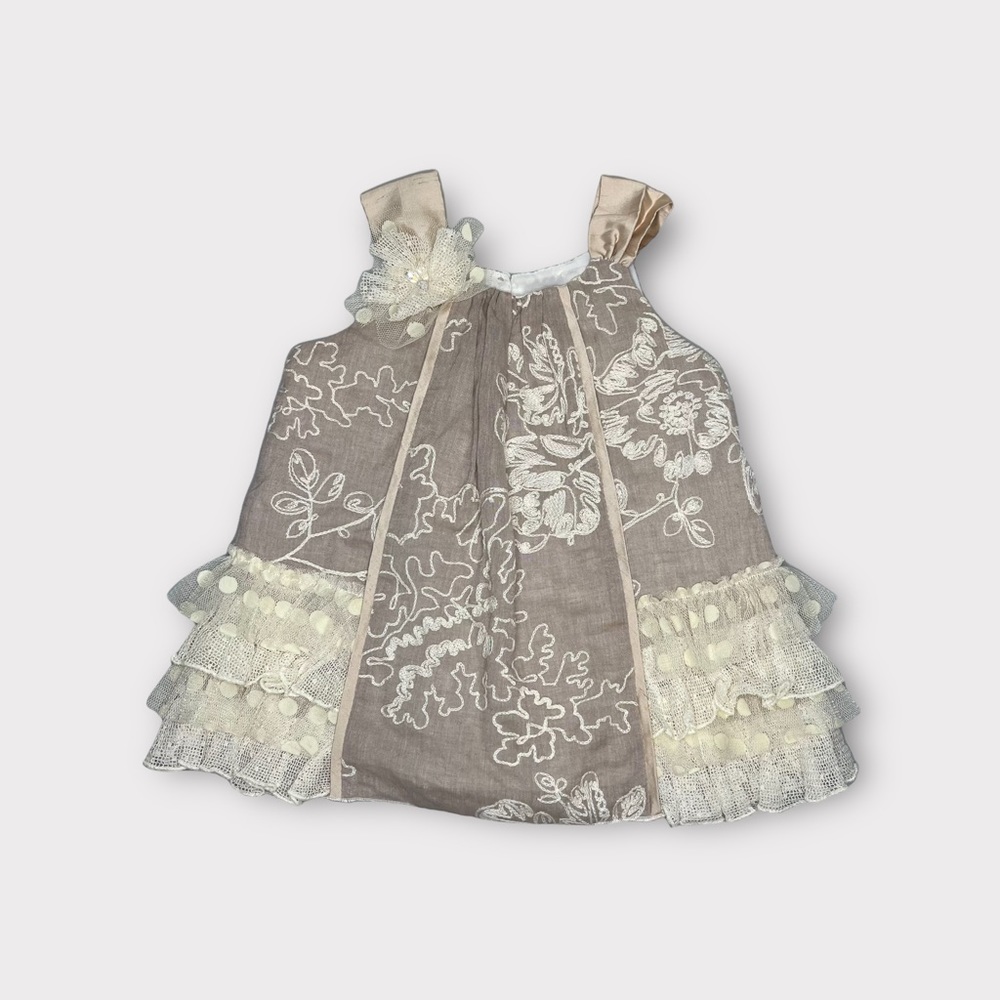 Isobella & Chloe Taupe Embroidered Tulle Tiered Lace Dress